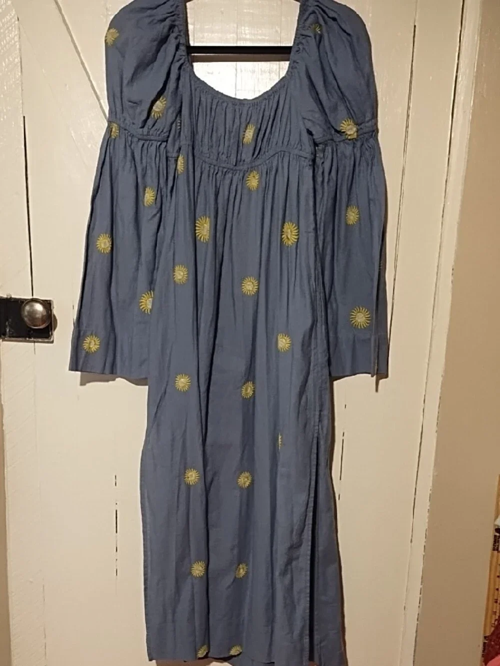 Like New XS Free People Blue Long-Sleeve Embroidered Sun Motif Dress Gorgeous.